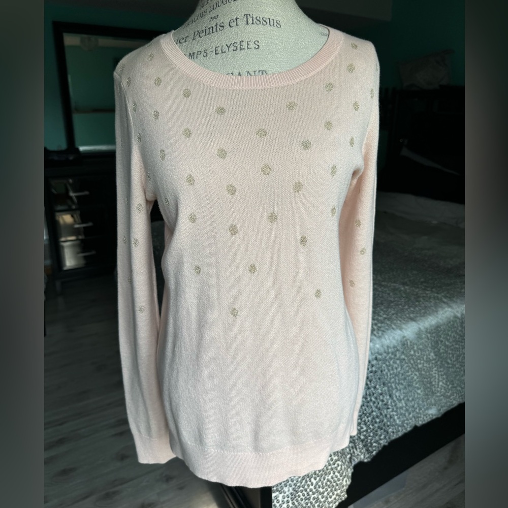 LOFT Outlet Sweater Womens M Peach Gold Polka Dot Long Sleeve Knit Pullover